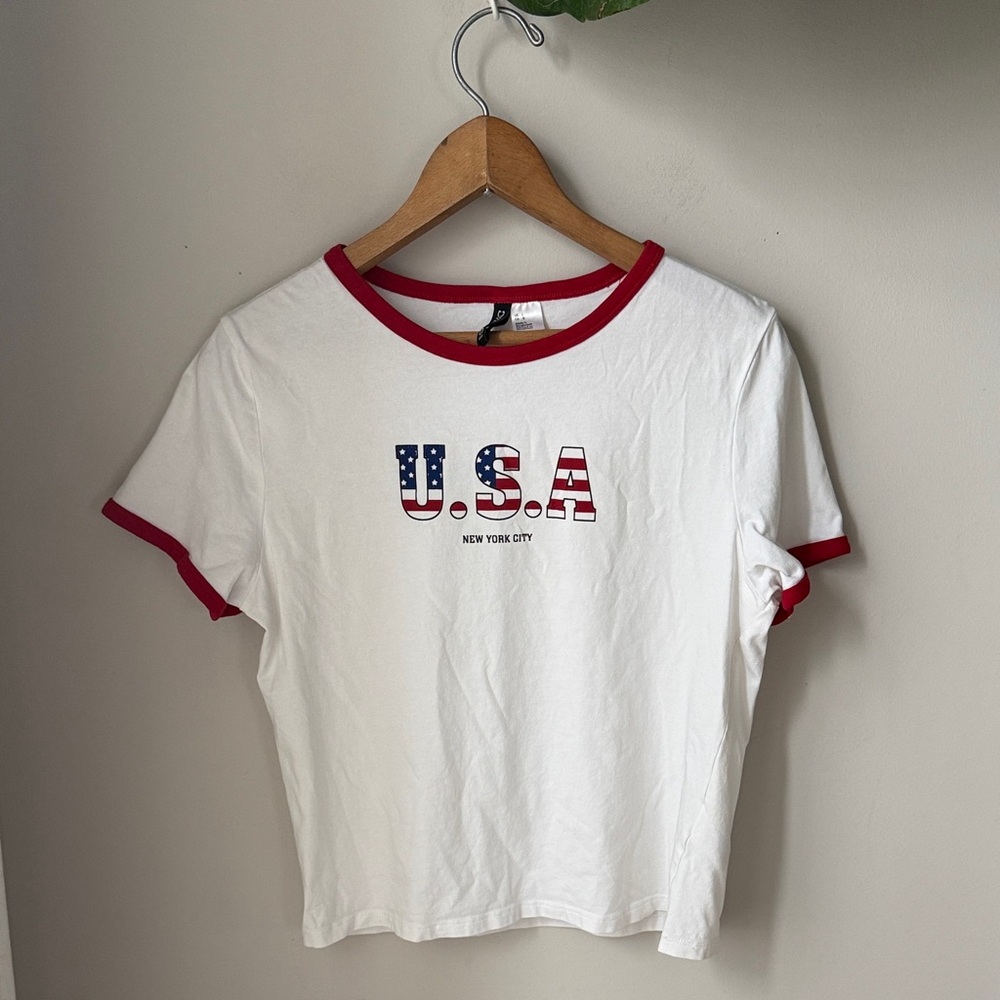 H&M Divided USA Ringer Tee Y2K Graphic Baby Tee Patriotic NYC - Picture 2 of 5